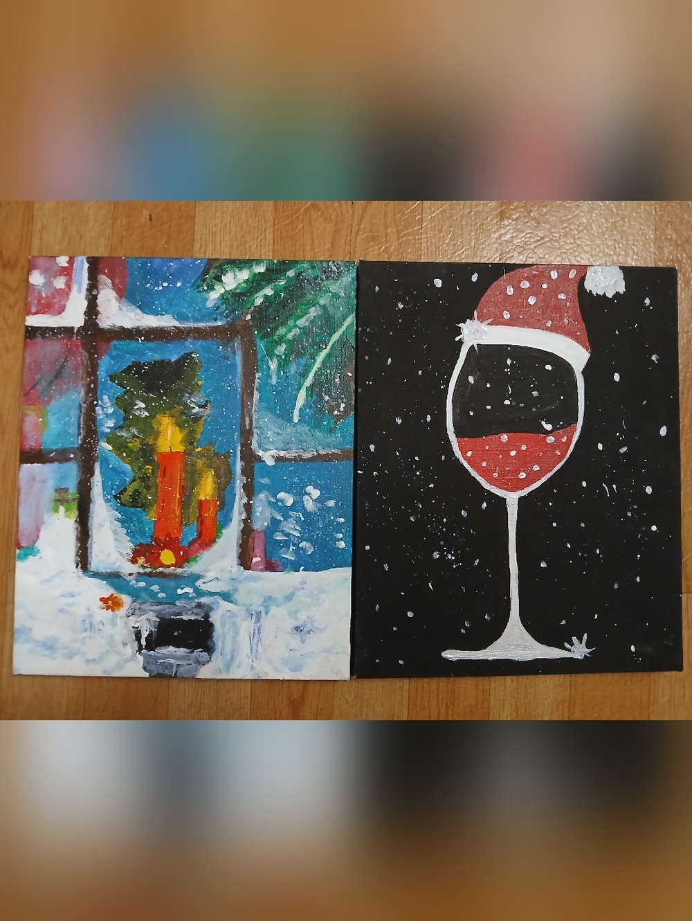 2 Christmas Themed 8 × 10 Canvas Paintings.